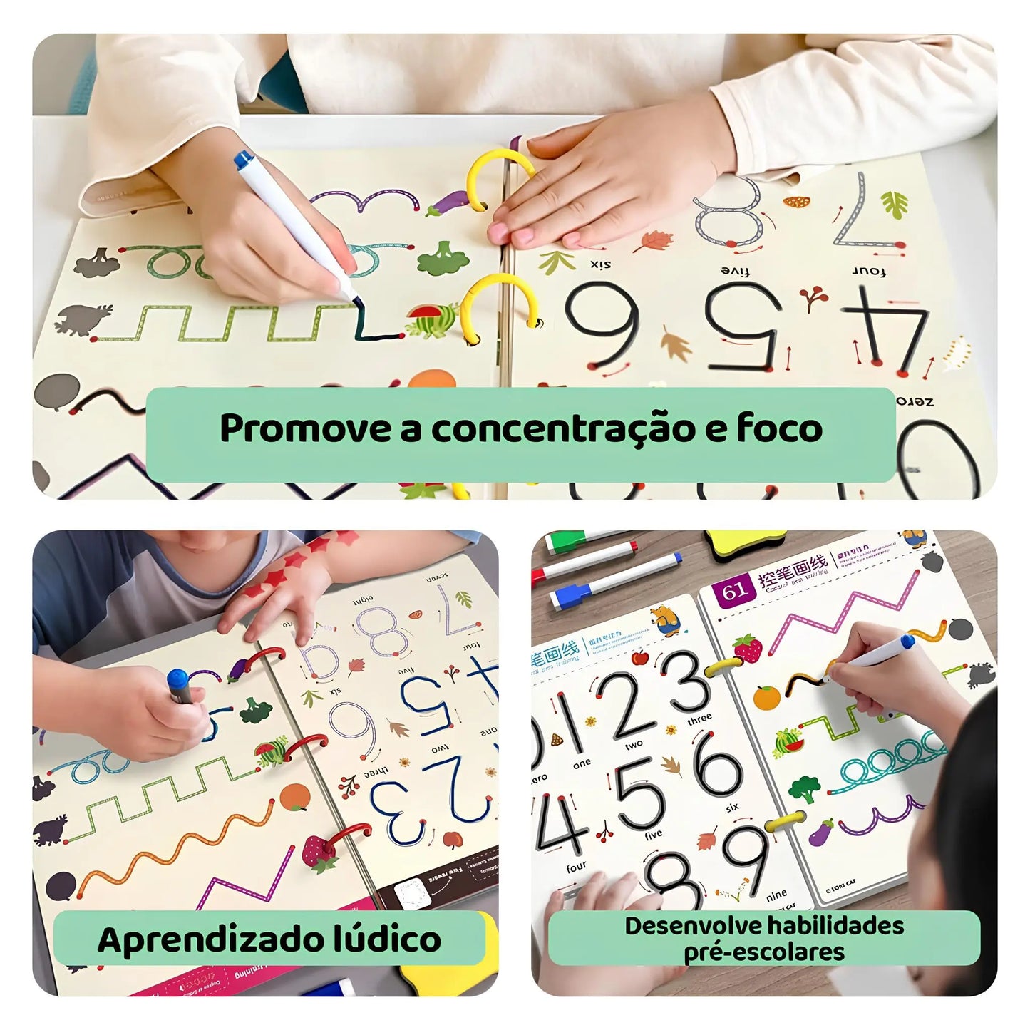 Trace e Aprenda – Caderno Mágico de Caligrafia Reutilizável Montessori