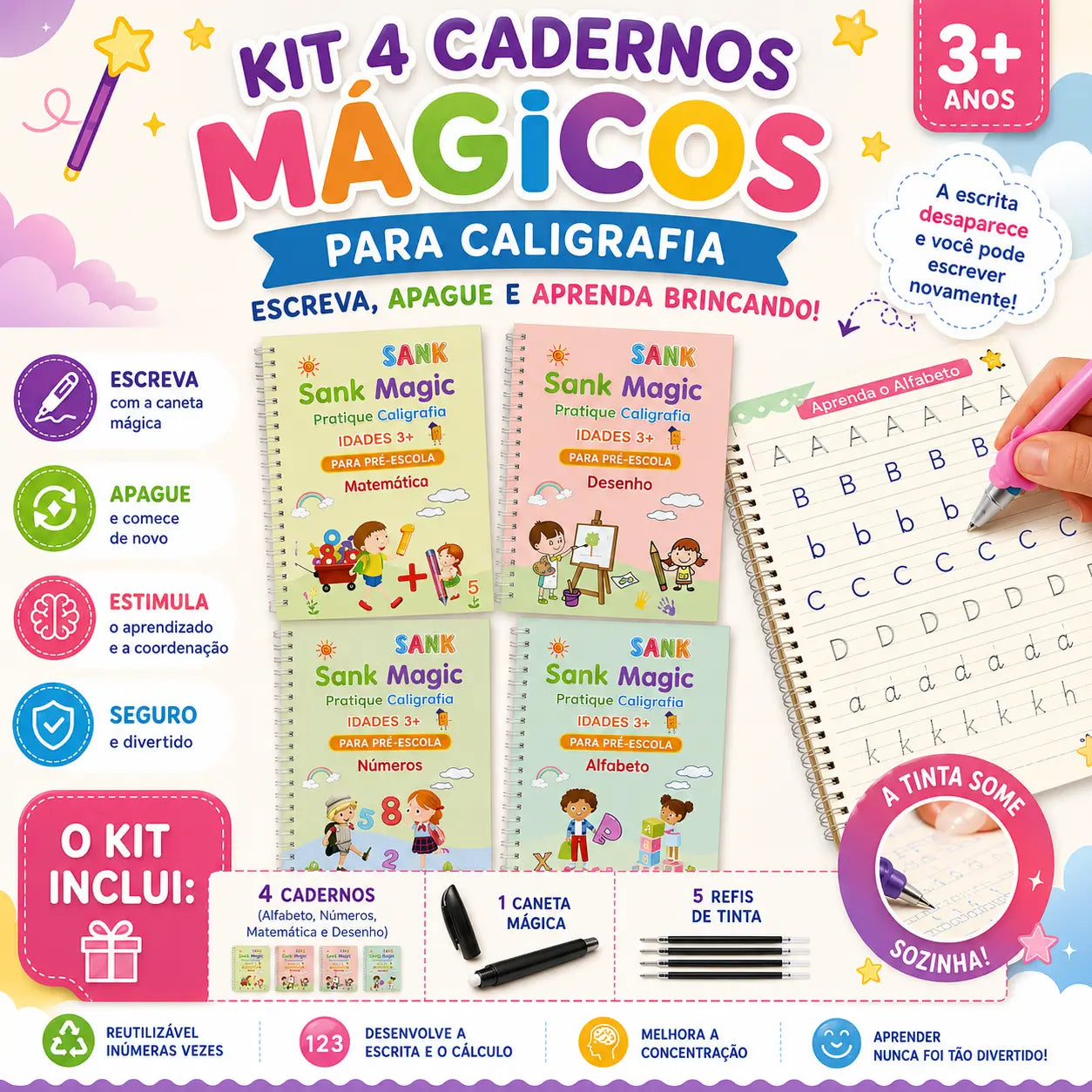 Kit com 4 Cadernos Mágicos para Caligrafia