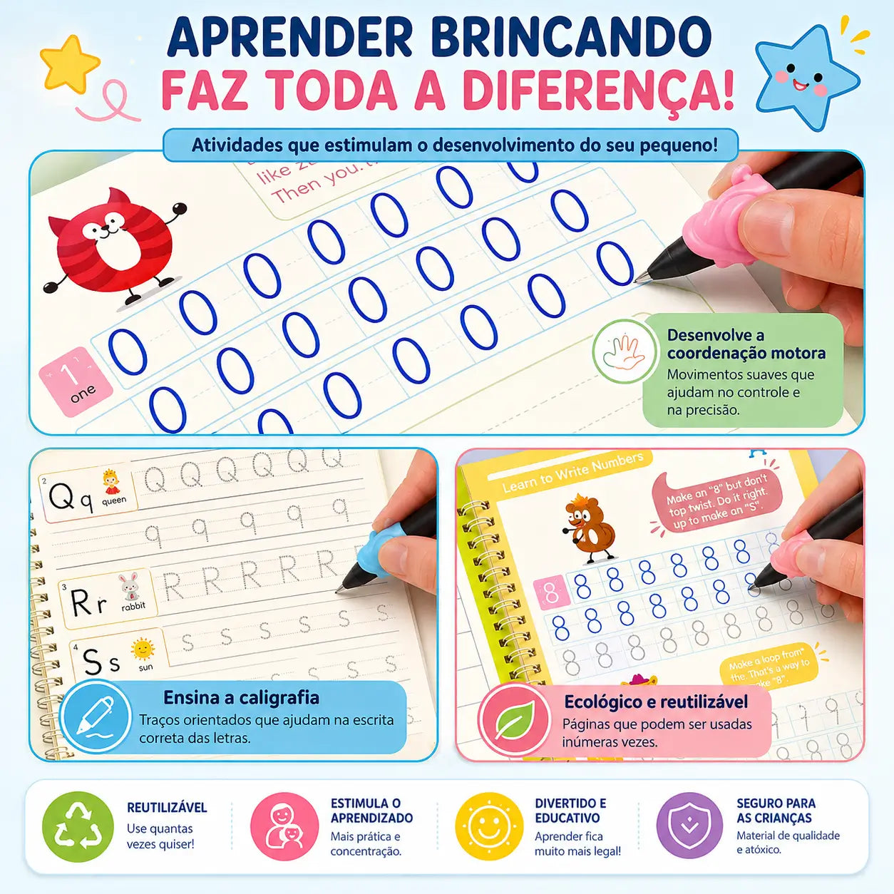 Kit com 4 Cadernos Mágicos para Caligrafia