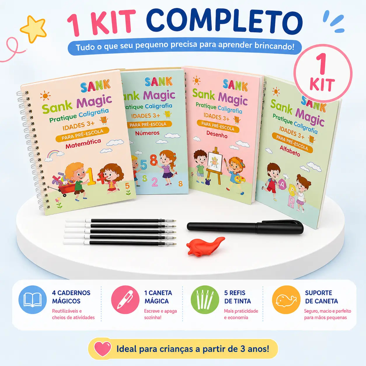 Kit com 4 Cadernos Mágicos para Caligrafia