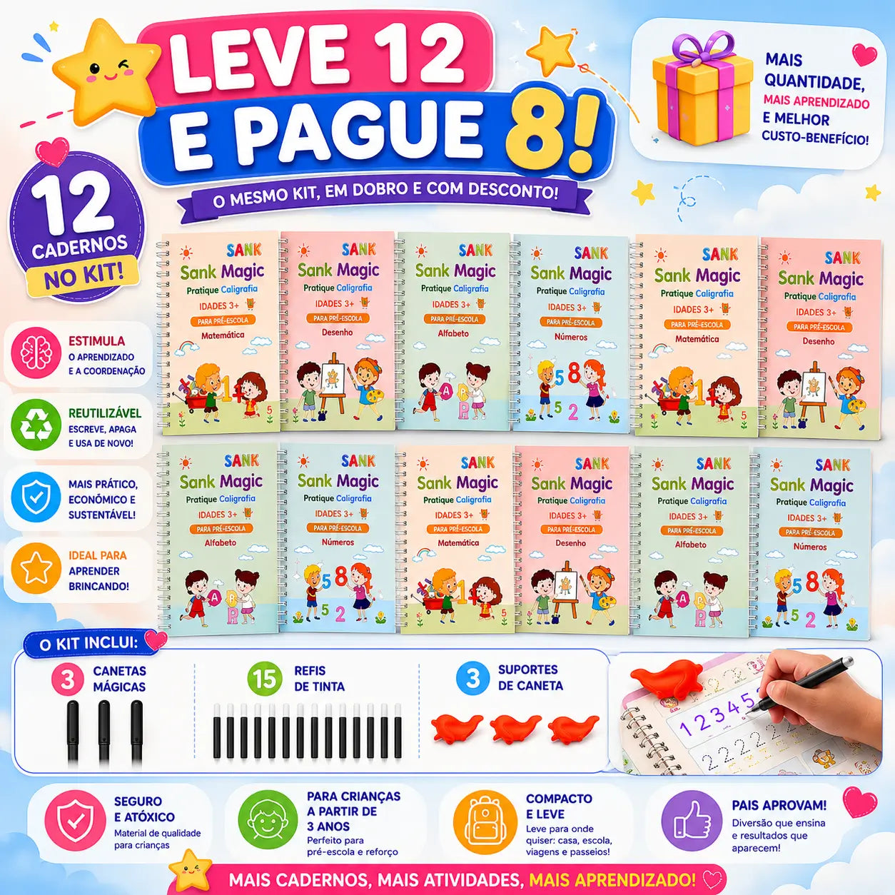 Kit com 4 Cadernos Mágicos para Caligrafia